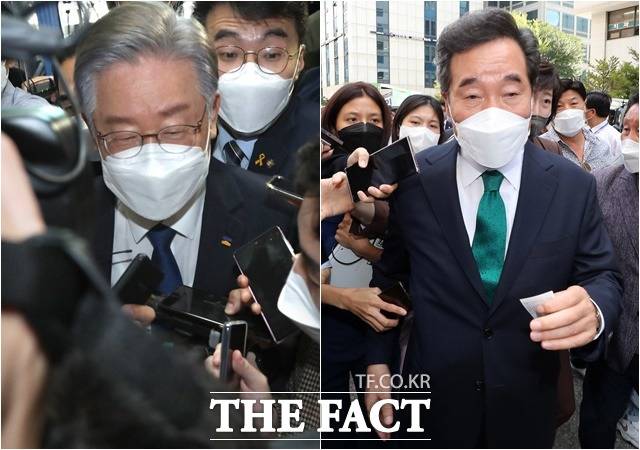 더불어민주당 대선 후보 이재명(왼쪽) 경기도지사와 경선 결과를 수용한 이낙연 전 대표가 민감한 질문에 입을 닫았다. 이 지사는 대선 후보로 논란이 될 수 있는 발언을 자제하는 것으로 풀이된다. /남윤호 기자