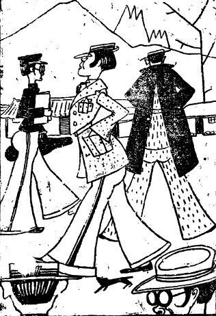 서양식 모자와 나팔바지 차림 모던 보이들이 거리를 활보하고 있다. 왼쪽 남자는 바이올린을 들었다.  조선일보 1928년 2월7일자