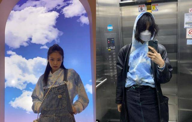 제니와 정호연은 같은 브랜드, 디자인의 타이다이 후디 티셔츠를 활용해 서로 다른 무드의 룩을 완성했다. SNS