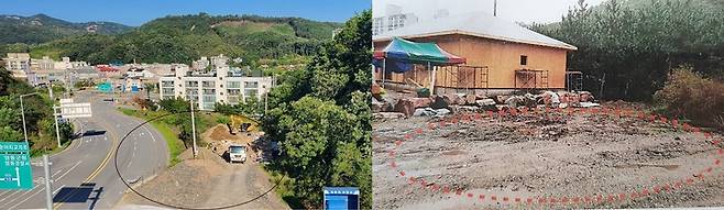 사토 수백여톤이 무단 반출된 충북 영동군 ‘영동~용산 1-1 도로건설공사(일반국도)’ 현장. 왼쪽은 사토가 반출된 현장, 오른쪽은 사토가 운반돼 성토작업이 끝난 주택 신축 용지.2021.10.13.kipoi@newssis.com *재판매 및 DB 금지