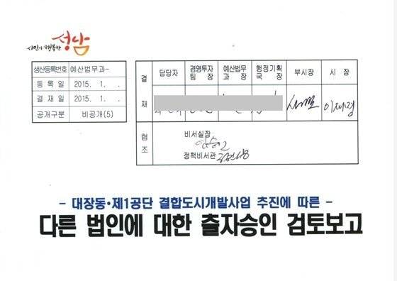 2015년 1월 성남시 행정기획국이 작성한 ‘대장동 개발사업 추진에 따른 다른 법인에 대한 출자승인 검토보고 문건.