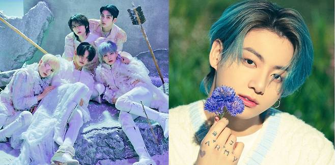 (Left) Tomorrow X Together`s "The Chaos Chapter: Freeze" image / (Right) Jungkook of BTS (Big Hit Music)