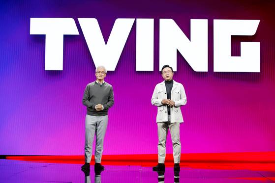 Jay Yang, left, and Rhee Myung-han, co-CEOs of Tving, speak during an online press conference held on Monday a year after the company spun off from CJ ENM. [TVING]