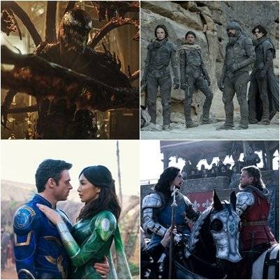 ‘베놈2:렛 데어 비 카니지’, ‘듄’, ‘라스트 듀얼:최후의 결투’, ‘이터널스’(왼쪽 위부터 시계방향) 등 할리우드 대작들이 
연말까지 잇따라 개봉해 극장가에 활기를 불어넣을 전망이다. 사진｜소니 픽쳐스 코리아·워너 브러더스 코리아·월트 디즈니 컴퍼니 
코리아