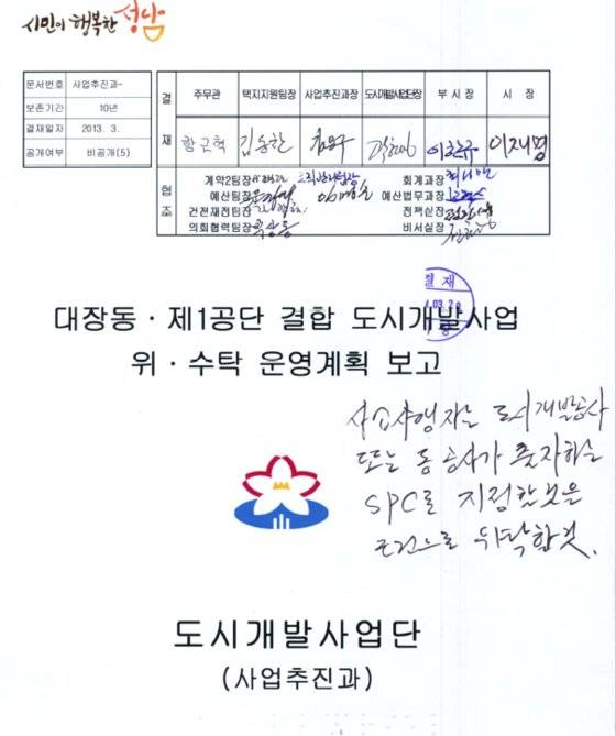 국민의힘이 성남시 등으로부터 제출받은 문건. 이재명 당시 성남시장은 직접 '사업시행자는 도시개발공사 또는 공사가 출자한 SPC를 지정할 것을 조건으로 위탁할 것'이라고 적었다. 국민의힘 제공