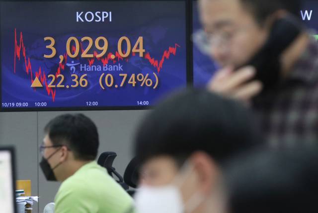 19일 오후 서울 중구 하나은행 본점 딜링룸 전광판에 코스피 지수가 표시돼 있다. 이날 코스피는 전 거래일보다 22.36포인트(0.74%) 오른 3,029.04에 거래를 마쳤다. 코스닥지수는 전장보다 11.49포인트(1.16%) 오른 1,005.35로 마감했다. / 사진=연합뉴스