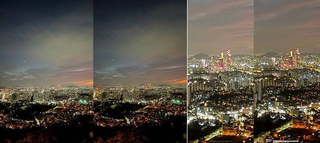아이폰12 프로(왼쪽)와 아이폰13 미니(오른쪽)로 찍은 야경 사진. 사진을 확대해봐도 아이폰13 미니가 더 또렷한 사진을 찍었다. /사진=백유진 기자 byj@