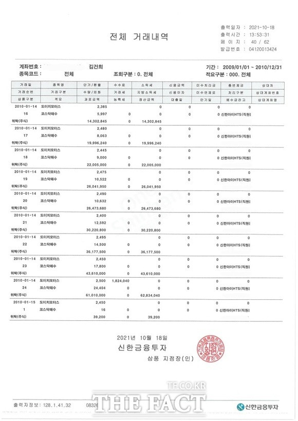 윤석열 전 검찰총장이 공개한 아내 김건희 씨의 도이치모터스 주가거래내역. /윤석열 캠프 제공