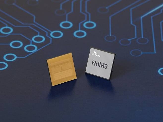 에스케이(SK)하이닉스가 업계 최초로 개발한 HBM3 디(D)램. 에스케이하이닉스