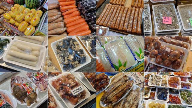 서울 광장시장, 망원시장, 신영시장에서 PVC랩에 포장된 다양한 식료품들. 반찬이나 족발처럼 염분이 랩에 묻어 재활용을 어렵게 하는 음식도 있지만, 채소·건어물·떡·견과류처럼 포장재에 묻어나지 않는 식품들도 전부 PVC랩으로 포장돼 있다. 이런 식품들은 재활용이 비교적 잘 되는 폴리에틸렌(PE)랩으로 포장할 경우 플라스틱을 땔감으로 태우는 '에너지재활용'에 쓸 수 있다. 이현지 인턴기자