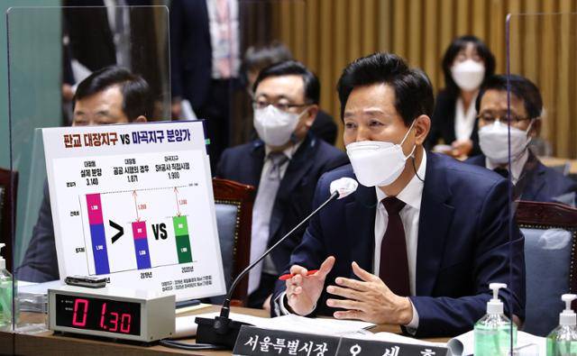 오세훈 서울시장이 20일 서울시청에서 열린 국회 국토교통위원회 서울시 국정감사에서 의원들의 질문에 답변하고 있다. 국회사진기자단