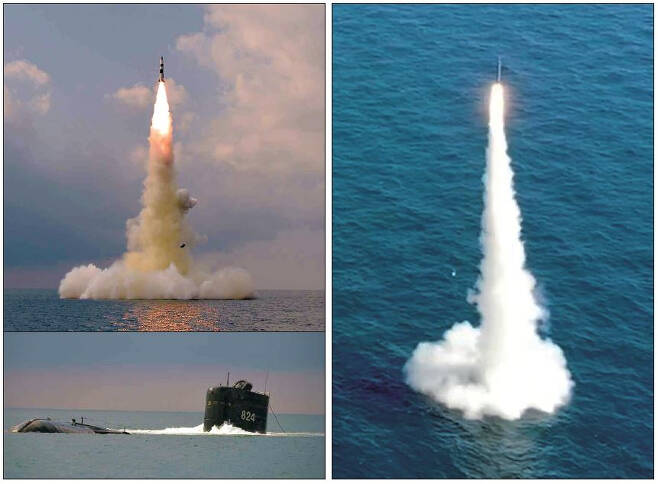 남북간 잠수함발사탄도탄(SLBM) 개발 경쟁이 가속화되고 있다. 북한 노동당 기관지 노동신문은 20일 “조선민주주의인민공화국 국방과학원은 19일 신형SLBM 시험발사를 진행했다”고 보도했다. 신문은 이날 ‘미니 SLBM’으로 추정되는 미사일의 발사 장면과 SLBM을 발사한 고래급 잠수함(2000t급) ‘8·24 영웅함’의 사진을 공개했다(왼쪽사진). 이에 앞서 우리나라는 독자 개발한 SLBM을 지난 9월 15일 도산안창호함(3000t급)에 탑재해 수중에서 시험 발사했다. [평양 노동신문=뉴스1·연합]