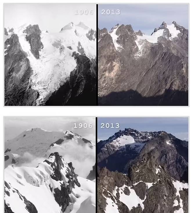 아프리카 우간다 르웬조리 산 빙하의 1906년 모습(왼쪽)과 107년 후인 2013년의 모습