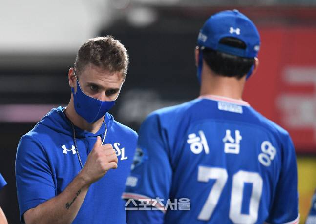 삼성 데이비드 뷰캐넌(왼쪽)과 허삼영 감독.  스포츠서울DB.