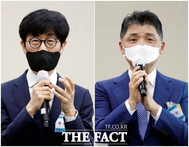 이해진 네이버 글로벌투자책임자(왼쪽)와 김범수 카카오 이사회 의장이 21일 서울 여의도 국회에서 열린 과학기술정보방송통신위원회 종합감사에 증인으로 출석해 발언하고 있다. /국회=남윤호 기자