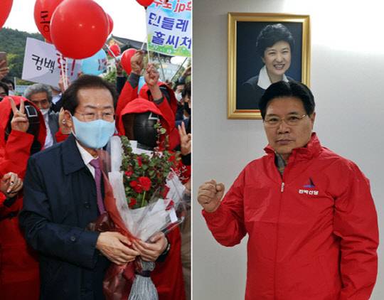 국민의힘 대선 경선 후보인 홍준표(왼쪽) 의원과 홍준표 캠프에 22일 합류한 홍문종(오른쪽) 친박신당 대표.연합뉴스 사진, 친박신당 홈페이지