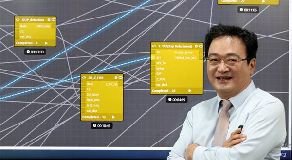 송재민 엠로 사장이 농수산물 수요예측을 위한 알고리즘 연결지도를 배경으로 포즈를 취하고 있다. 뒤쪽 화면에 보이는 복잡한 선들이 각 인공지능(AI) 알고리즘이 서로 어떻게 연관돼 있는지를 보여주고 있다. [김호영 기자]