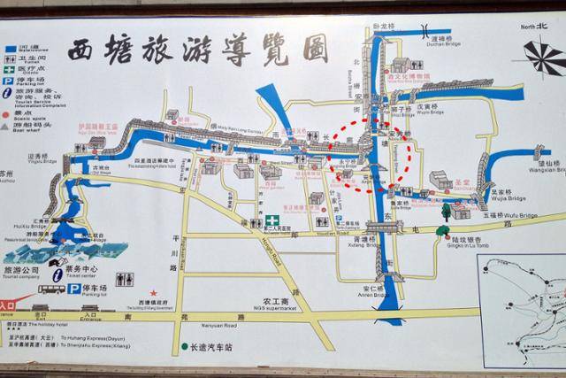 시탕 지도. 빨간 원이 영녕교와 안경교 위치. Ⓒ최종명