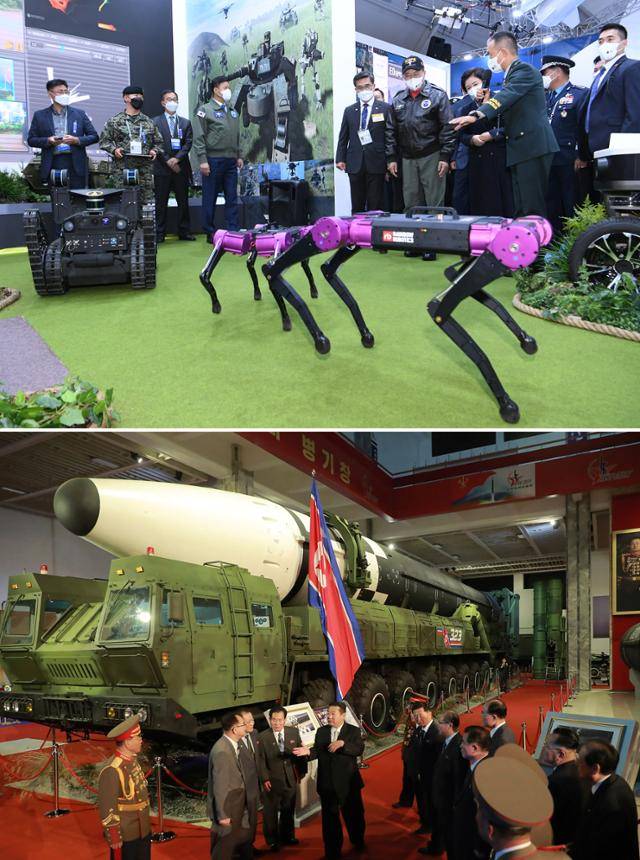 문재인(위) 대통령이 20일 경기 성남시 서울공항에서 열린 2021 서울 국제 항공우주 및 방위산업 전시회에 참석해 국방부 전시장에서 다족형 로봇이 하는 정찰활동 시연을 지켜 보고 있다. 김정은 북한 국무위원장이 국방발전전람회 '자위-2021'를 찾아 신형 SLBM을 둘러 본 후 참석자들과 이야기를 하고 있다. 성남=왕태석 선임기자·평양=노동신문 뉴스1