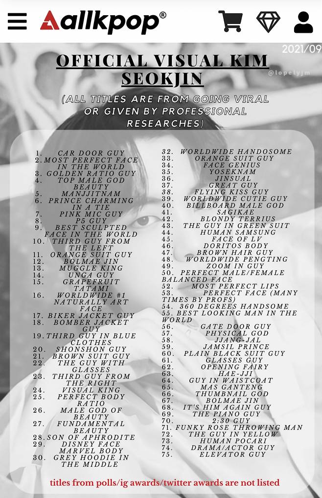 차문남부터 美의 남신까지..방탄소년단 진, '따라갈 수 없는 비주얼 센터' 선정