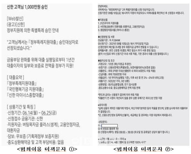 전기통신금융사기 범죄 이용에 활용된 미끼문자(자료=경찰청)