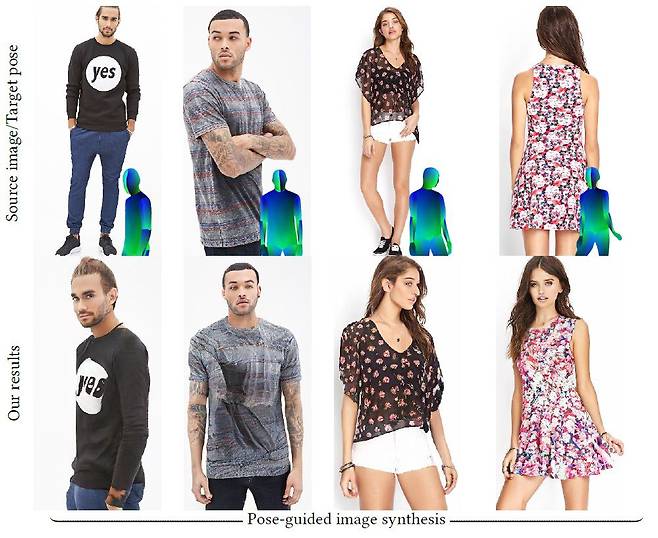 인공지능이 원래 패션모델의 사진(위)의 정보를 새로운 자세(위 작은 아미지)에 맞춰 재구성해 새로운 모델 사진(아래)을 만들어냈다./미 버지니아 공대