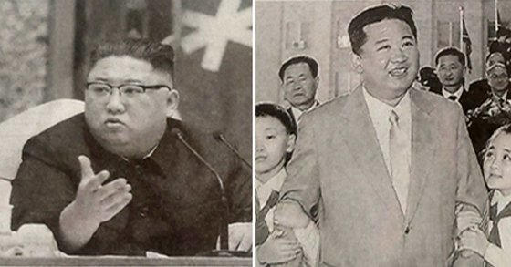 체중이 140㎏대로 알려졌던 지난해 11월의 김정은 북한 국무위원장의 모습(왼쪽)과 올해 정권수립 기념(9월 9일)행사 때의 김 위원장 모습. [연합뉴스[