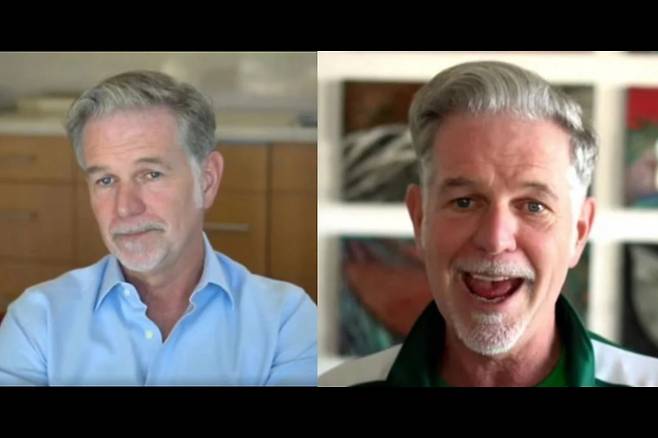 7월 2분기 실적을 발표하던 리드 헤이스팅스 넷플릭스 CEO(왼쪽). ‘오징어게임’ 흥행 후인 지난 19일 3분기 실적을 발표한 리드 헤이스팅스 CEO(오른쪽) [넷플릭스 실적 발표 영상 갈무리]