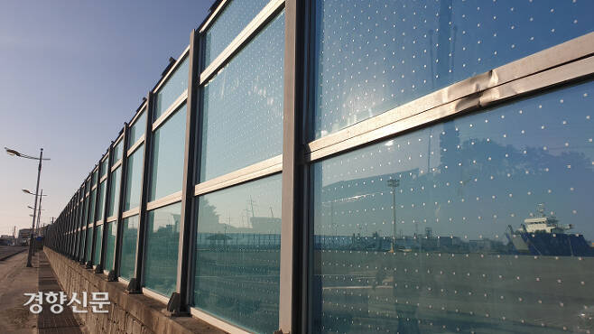 투명 방진벽에 새가 부딪혀 죽는 사례가 빈번히 발생한 제주 애월항에 27일 조류 충돌을 방지하기 위한 특수필름이 설치돼 있다. 박미라 기자