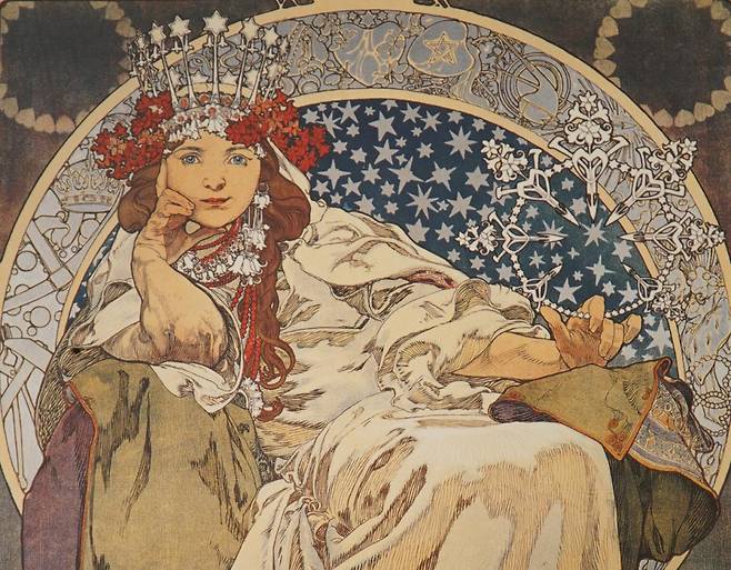 알폰소 무하의 작품 모라비아 여인. 동양적 느낌이 풍기는 모라비아는 보헤미아와 함께 체코를 구성하는 한 축이다.