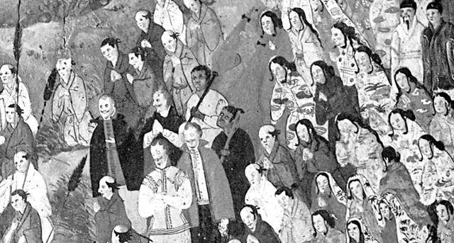 이탈리아 로마 일 제수 성당이 소장한 '겐나 대순교도'. 선교사들의 책형을 바라보는 청중 가운데 흑인과 조선인의 모습이 묘사돼 있다. 산지니 제공