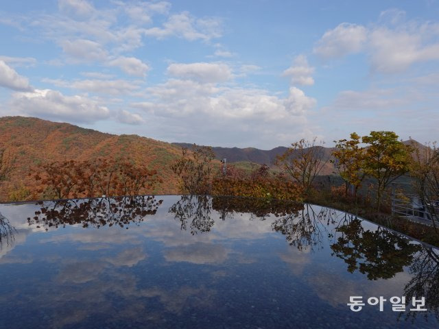 하늘과 나무와 물이 한폭의 수채화처럼 펼쳐지는 뮤지엄산의 카페테라스.