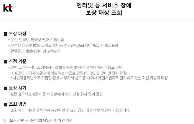 KT 인터넷 등 서비스 장애 보상 홈페이지 메인화면