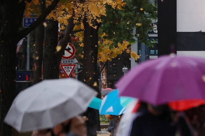 8일 오전 서울 종로구 율곡로에서 은행 낙엽이 비바람에 흩날리는 가운데 우산을 쓴 시민들이 출근하고 있다. 연합뉴스 제공