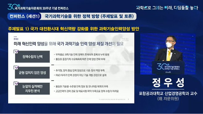 정우성 국가과학기술자문회의 자문위원(포스텍 산업경영공학과 교수)이 8일 국가과학기술자문회의 30주년 기념 컨퍼런스에서 주제발표자로 나섰다. 유튜브 캡쳐