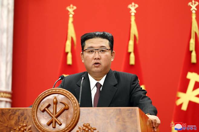 North Korean leader Kim Jong-un speaks at a lecture to commemorate the 76th founding anniversary of the ruling Workers` Party.(KCNA-Yonhap)