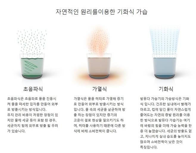 시중에 판매되는 가습기는 초음파식, 가열식, 기화식으로 나뉜다. 초음파식은 가격이 저렴하지만 세균이 그대로 방출되고, 가열식은 화상의 위험이 있다. 기화식은 이런 단점을 없앴지만 가격이 비싸다는 한계가 있다. /발뮤다 제공