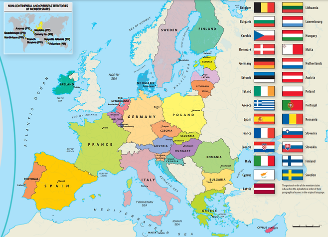 유럽 연합 회원국 27개 나라. 창설당시 6개 나라에서 2013년 크로아티아가 가입하면서 28개 나라로 가입국이 늘었으나 최근 영국의 유럽연합 탈퇴가 확정되면서 유럽연합 EU 화원국은 기존 28개국에서 27개국으로 줄어들었다.  (그래픽 출처 https://op.europa.eu/)