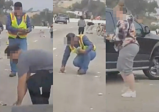 트레비스 피셔는 지난 20일(한국시간) 미국 캘리포니아주 샌디에이고 북부 고속도로를 지나던 중 운전자들이 차를 멈추고 흩날리는 달러화를 줍는 진풍경을 촬영했다. 사진은 영상 장면의 일부. SNS 영상 캡처