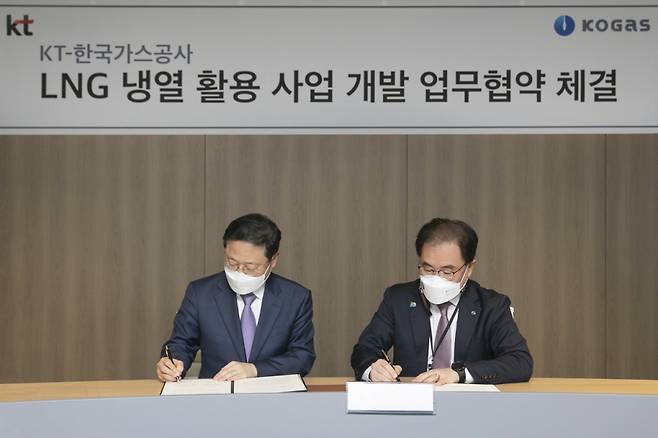 KT 신수정 Enterprise부문장(왼쪽)과 한국가스공사 이승 부사장이 MOU에 서명을 하고 있다. /사진=KT