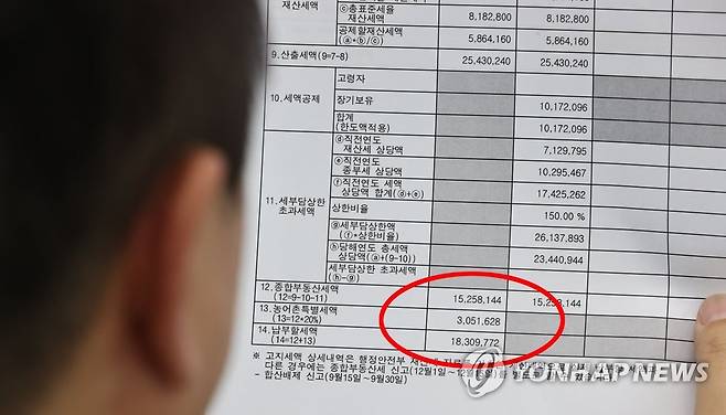 종부세 고지 내역 확인하는 시민 (서울=연합뉴스) 류영석 기자 = 국세청이 올해분 종부세(주택분) 고지서 발송을 시작한 22일 오후 한 납부 대상자가 국세청 홈택스 홈페이지를 통해 종부세 고지 내역을 확인하고 있다. 이 시민은 서울 서초구 대형 아파트 한 채를 11년 소유해 장기보유공제를 받아 종부세 1천5백여만원, 농어촌특별세 3백여만원으로 합계 1천8백여만원이 부과됐다.     
    이날 기재부에 따르면 올해 종부세 대상자 94만7천명 가운데 1세대 1주택자는 13만2천명으로 지난해(12만명)보다 1만2천명(10%) 증가했다. 2021.11.22 ondol@yna.co.kr