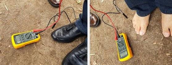 구두 신은 상태에서 측정한 몸의 전압은 60mV다.(왼쪽) 구두 벗고 맨발로 몸의 전압을 재면 0V가 된다. 맨발걷기시민운동본부 제공