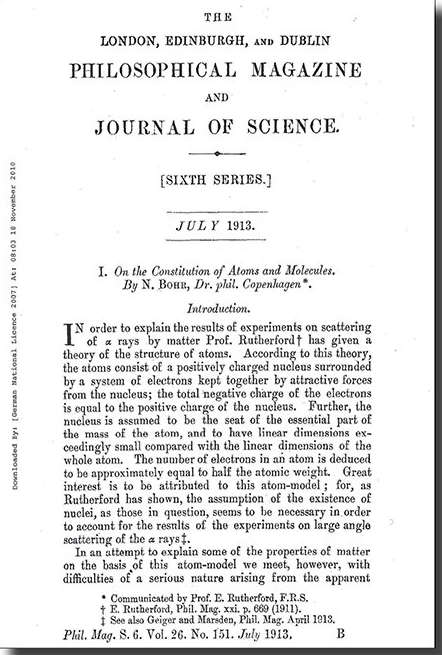 보어가 1913년에 발표한 첫 번째 논문의 첫 페이지