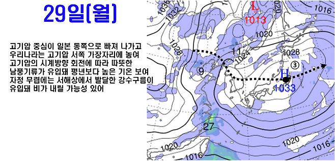 한국형수치예보모델(KIM)이 예측한 29일 아침 9시 일기도. 기상청 제공