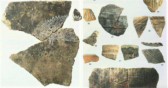 비봉리 출토 토기편들. 멧돼지그림(왼쪽 사진)과 융기문, 빗살문, 적색마연 등 각종 장식기법들.