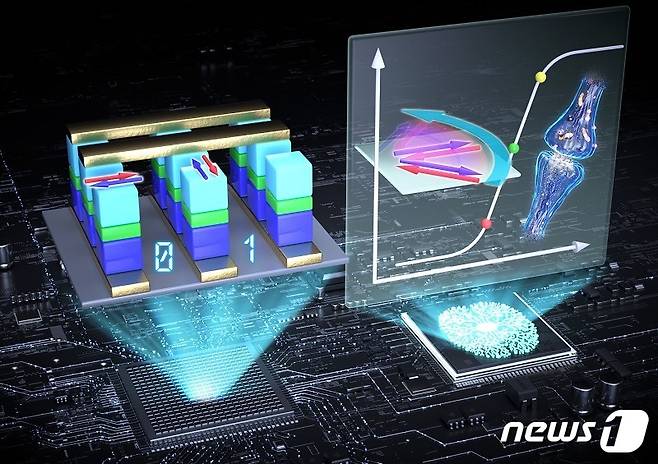 반강자성 기반 스핀 소자 응용(왼쪽) 및 멀티레벨을 활용한 뇌 모사 컴퓨팅 응용 모식도 (KAIST 제공) © 뉴스1