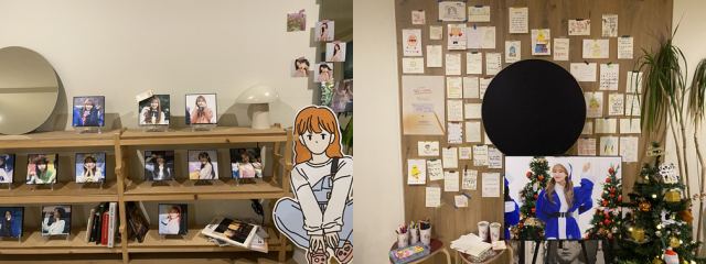 류수정 생일 카페 내부. 카페 곳곳에는 류씨의 사진(왼쪽)이 전시돼 있고 한쪽 벽면에는 팬들이 쓴 편지가 붙어있다. /장유하 인턴기자