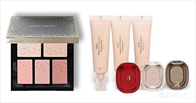 사진 : (좌)로라 메르시에 퍼스트 볼 치크 팔레트하이라이팅 파우더 (우)아멜리 에어립스 805 스칼렛