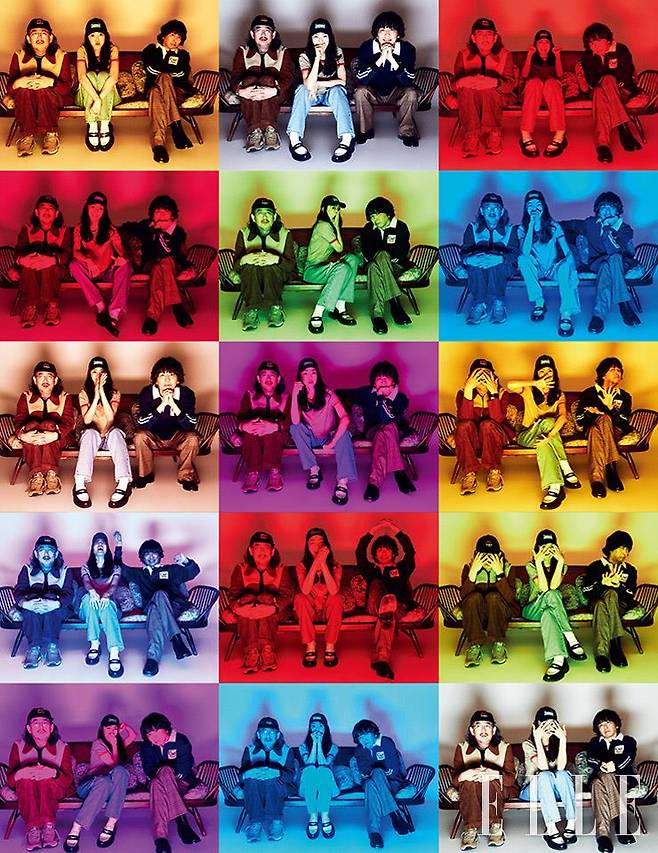 이선규가 입은 스웨이드 집업 재킷과 코듀로이 팬츠는 모두 Moonsun. 베이스볼 캡은 Navy by Beyound Closet. 스니커즈는 Nike. 네이비 톱과 삭스는 모두 스타일리스트 소장품. 김윤아가 입은 크롭트 티셔츠는 Moonsun. 디스트로이드 데님 팬츠는 Etro. 베이스볼 캡은 Kijun. 페니 로퍼와 벨트, 삭스는 모두 스타일리스트 소장품.  김진만이 입은 폴로 칼라 셔츠는 Gant. 이너 웨어 티셔츠는 Kijun. 체크 패턴의 팬츠는 8 by Yoox. 블랙 앵클부츠는 COS.