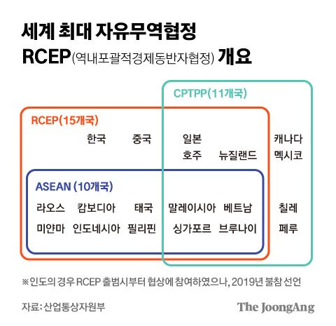 세계 최대 자유무역협정 RCEP (역내포괄적경제동반자협정) 개요. 그래픽=김영희 02@joongang.co.kr